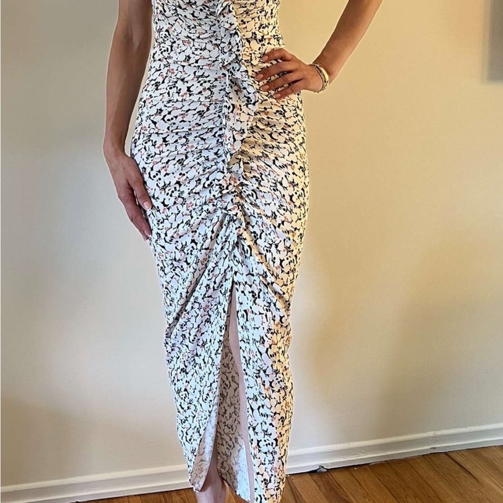 Veronica Beard White and Black Ruched Strapless Midi Dress